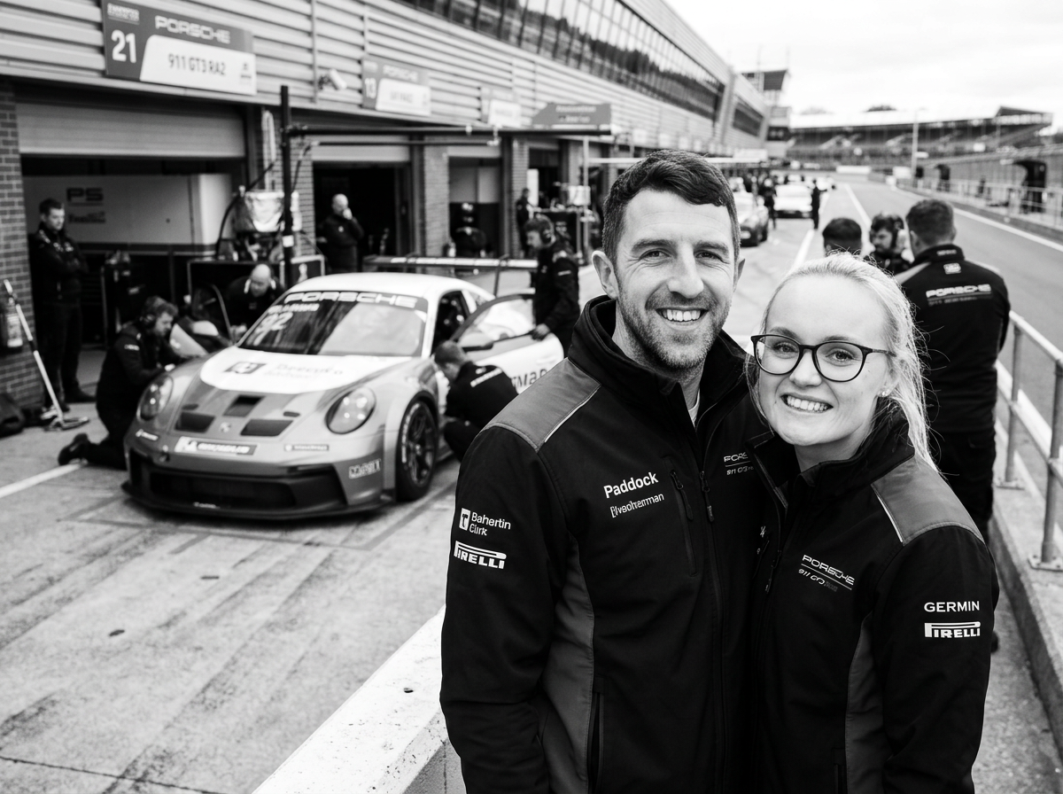Karl and Jess trackside on a Porsche track day