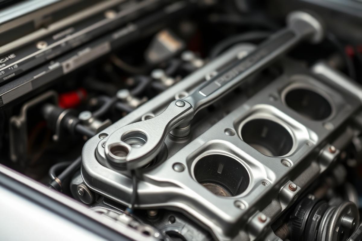 Detail of a Porsche flat-six engine under service