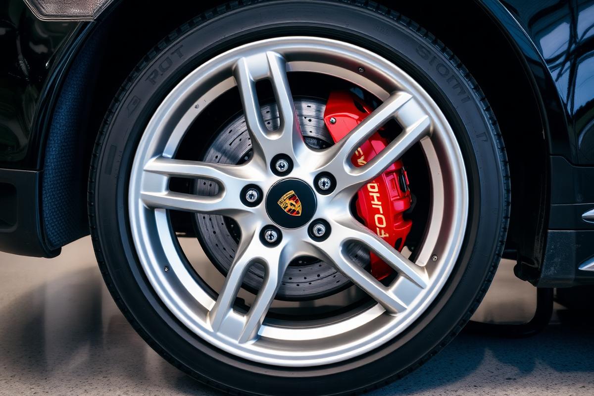 Porsche wheel and red brake caliper detail