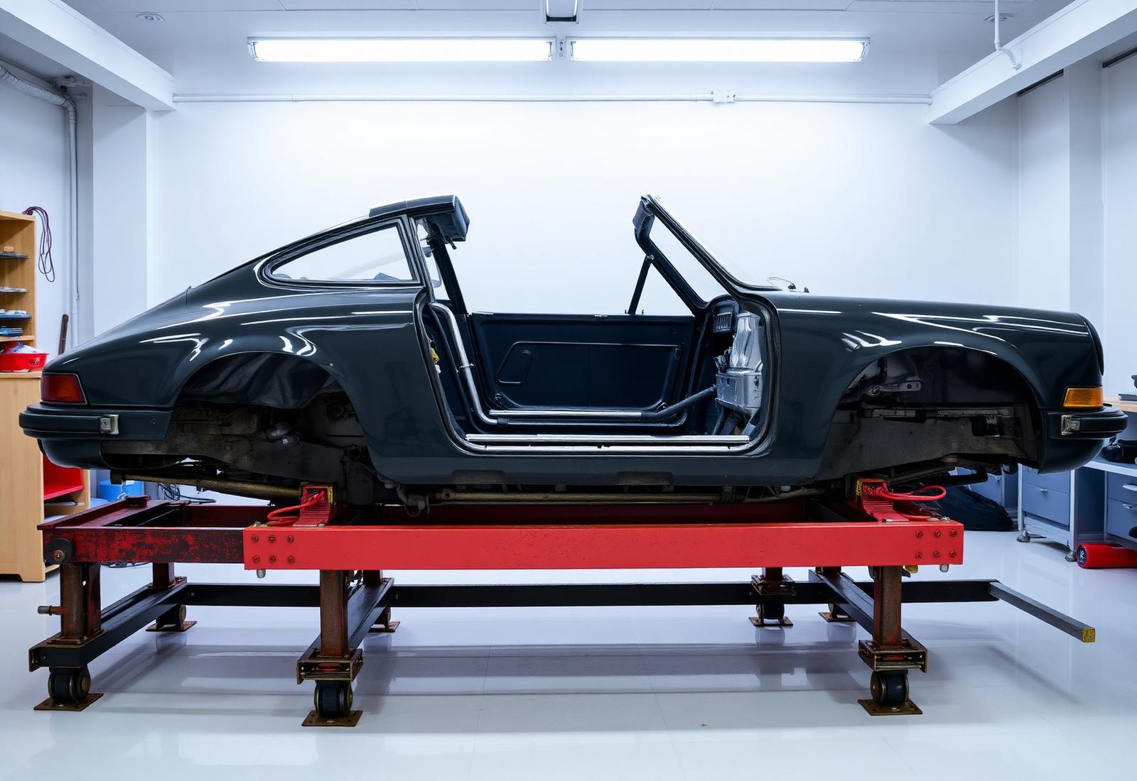 Classic Porsche 911 shell on a rotisserie during restoration